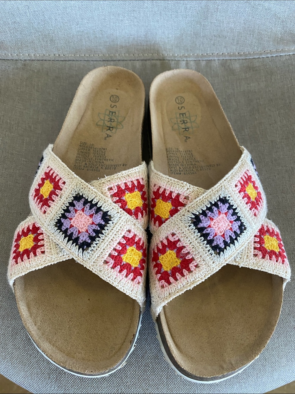 Serra Cream Crochet Crossband Sandals with Red, Yellow, Pink & Purple Accents